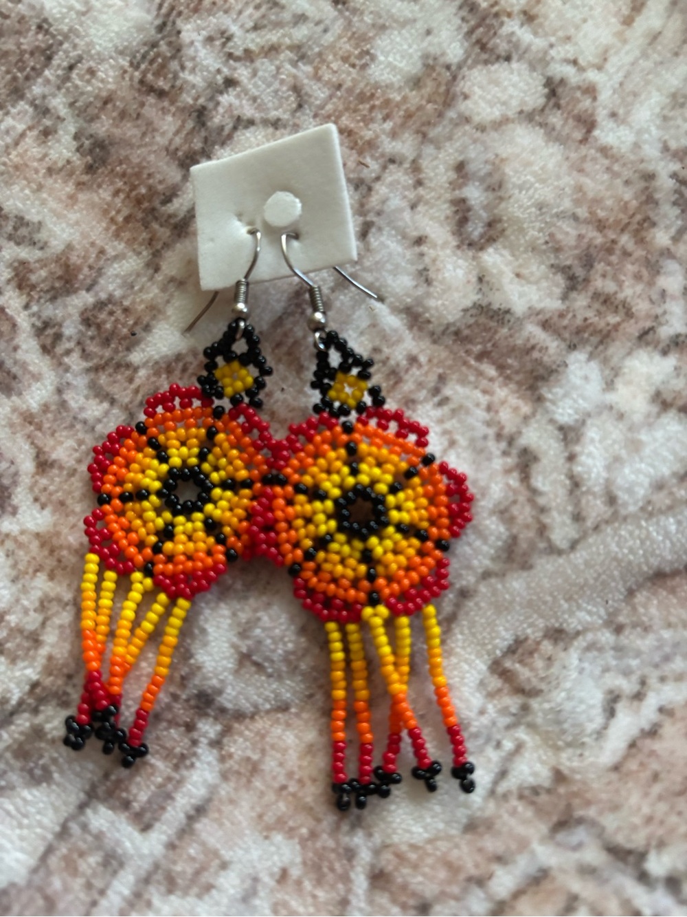 Handcrafted Beaded Floral Drop Earrings in Red, Orange & Yellow